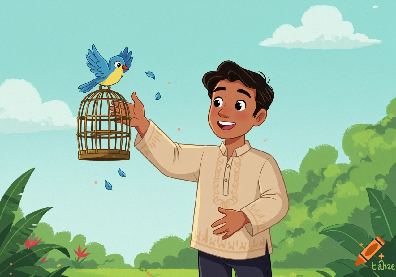 Cartoon illustration of a boy releasing a blue bird from a cage in a sunny park.