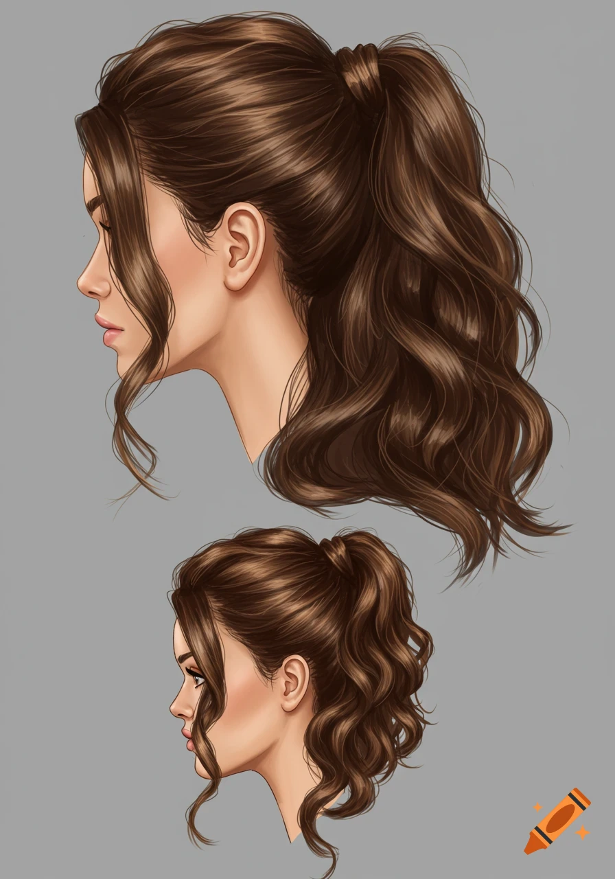 Illustration of a woman's brown hair in a high ponytail, shown in profile.