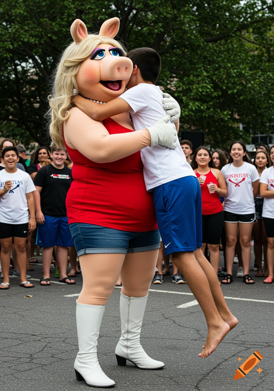 Person in Miss Piggy costume lifts and hugs a teenage boy in a white shirt and blue shorts amidst a crowd.