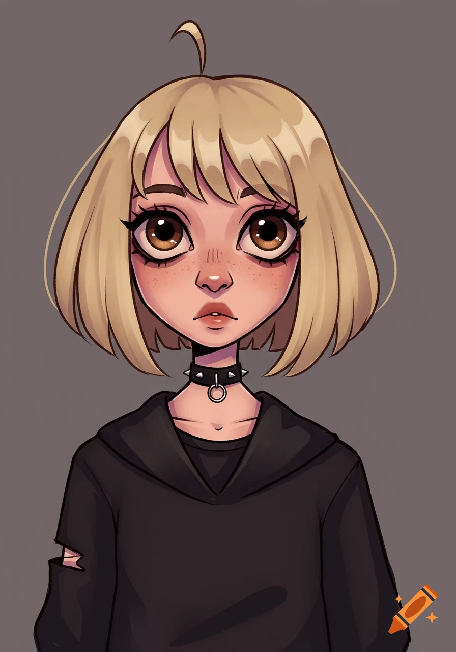 Cartoon portrait of a girl with a bob haircut and big eyes wearing a choker and ripped hoodie.
