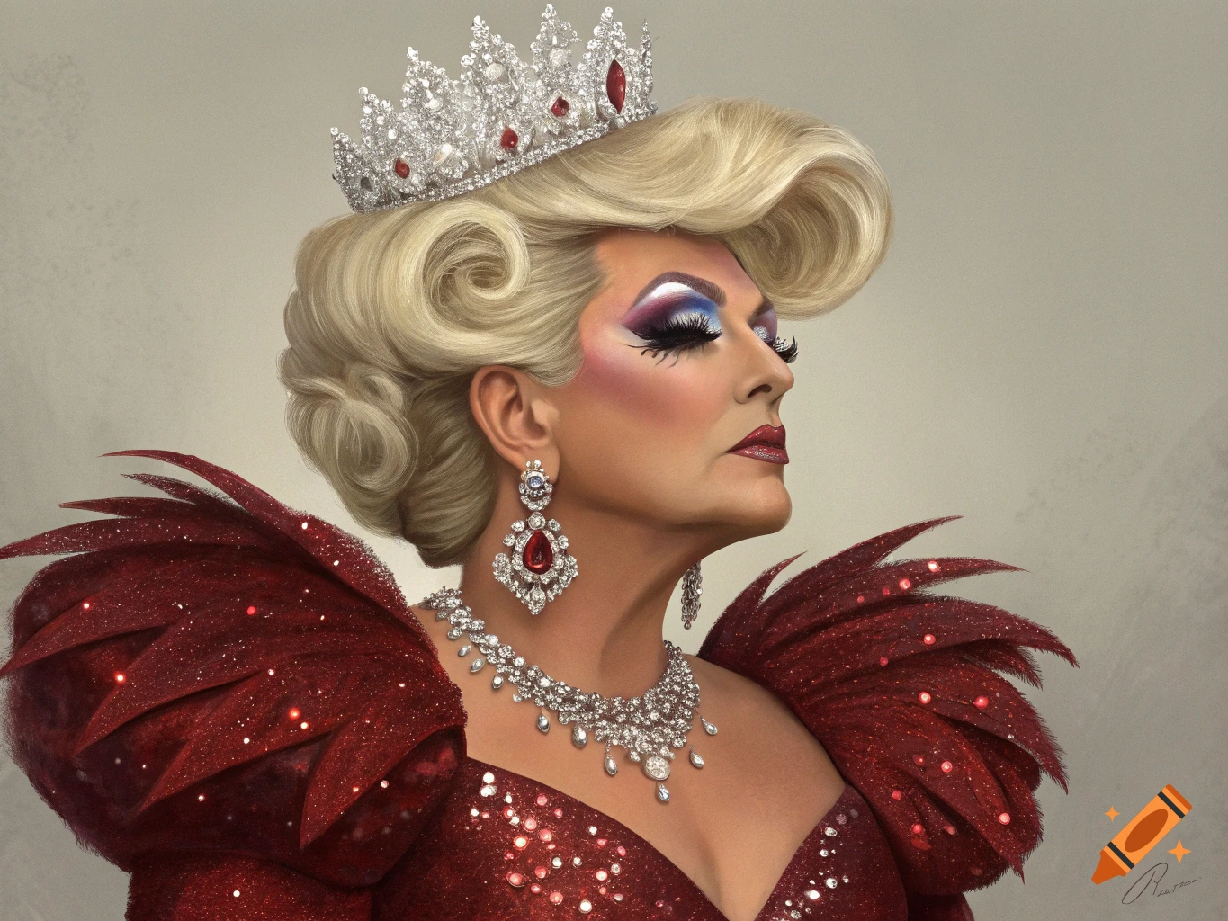 Close-up portrait of a person in drag wearing a tiara, heavy makeup, elaborate jewelry, and a sparkly red dress with feathered shoulders.