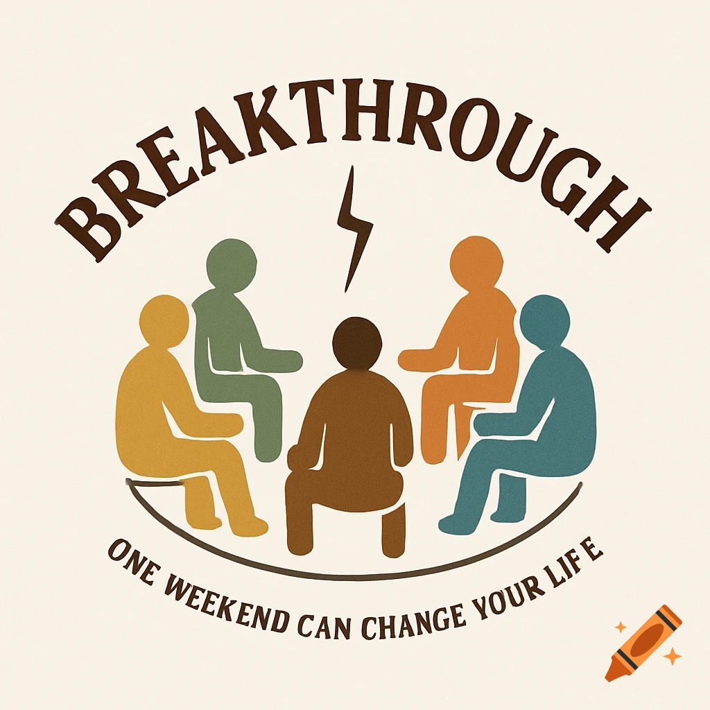 Logo for therapy group 'Breakthrough' with stylized figures in a circle and tagline 'One Weekend Can Change Your Life'.