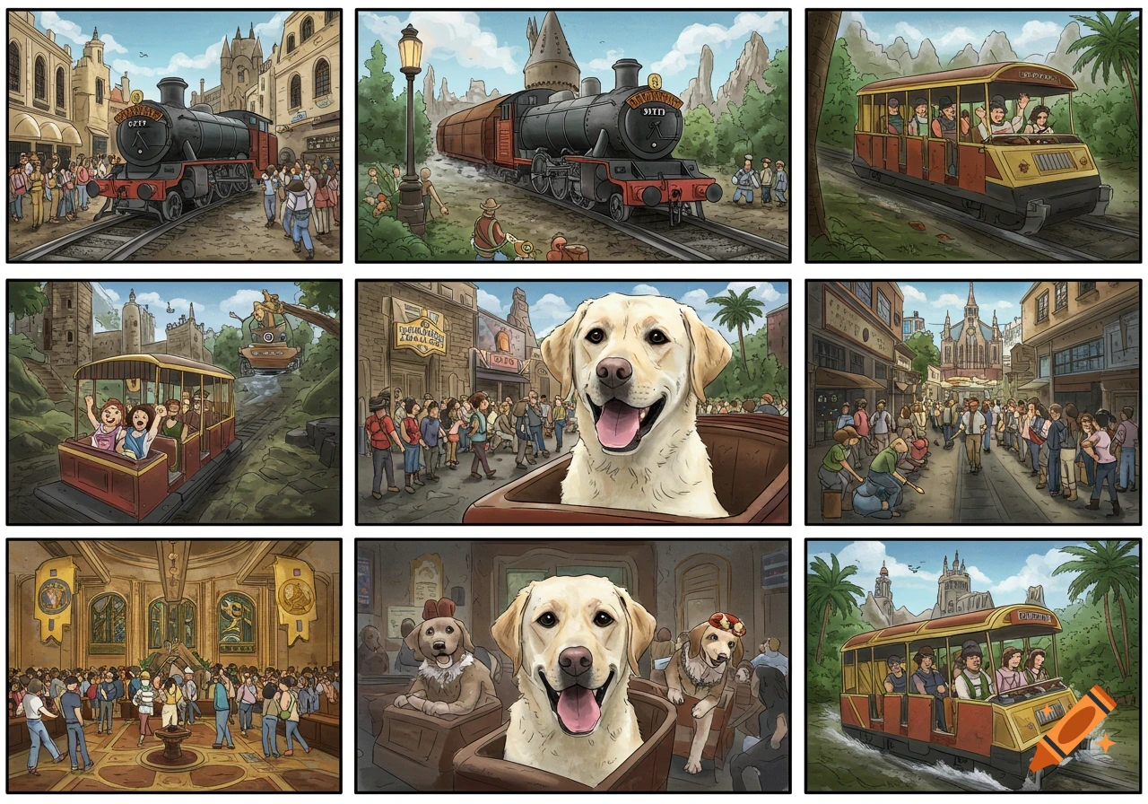 Cartoon panels of dogs, people, trains, and trams at a theme park.