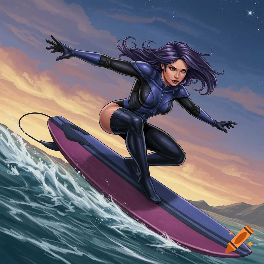Comic art of Psylocke surfing on a purple board against a sunset sky.
