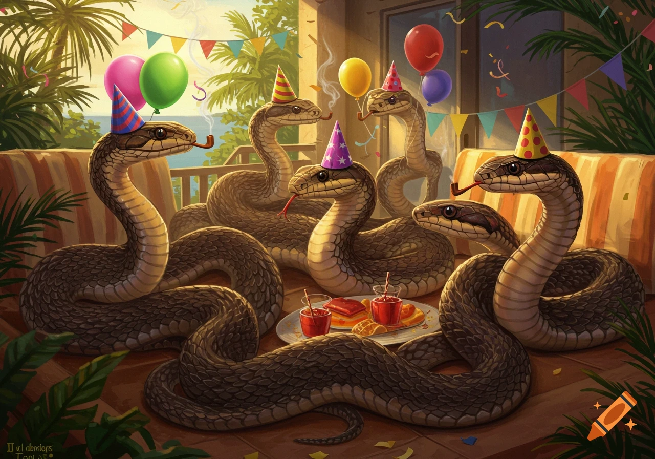 Snakes wearing party hats and smoking pipes gather for a party on a patio with balloons and streamers.
