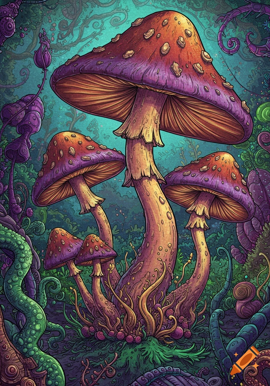 Stylized, colorful mushrooms and plants in a psychedelic forest.