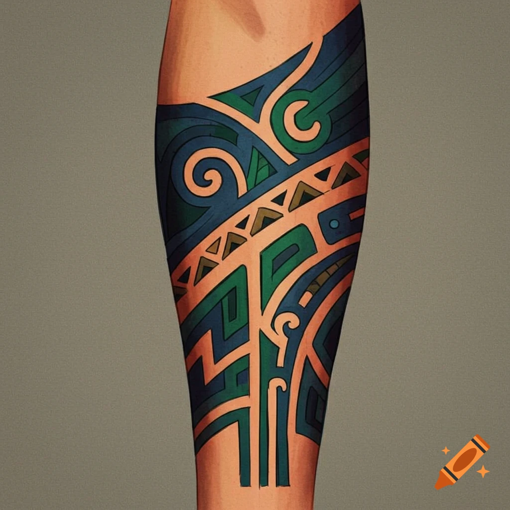 A leg with a large tribal tattoo in blue and green.