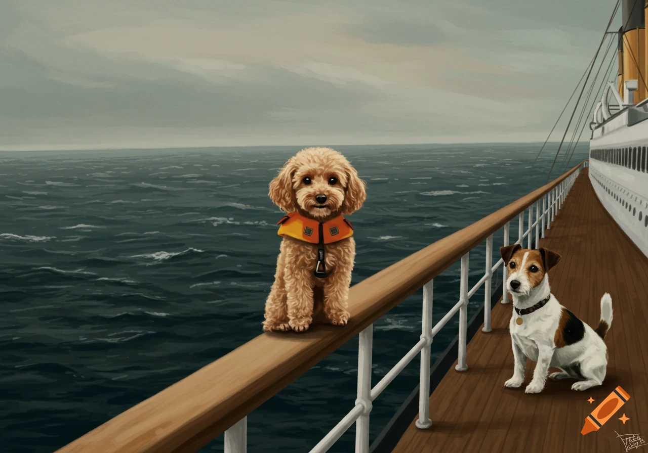 An illustration of a toy poodle in a life vest and a Jack Russell terrier on a ship deck.