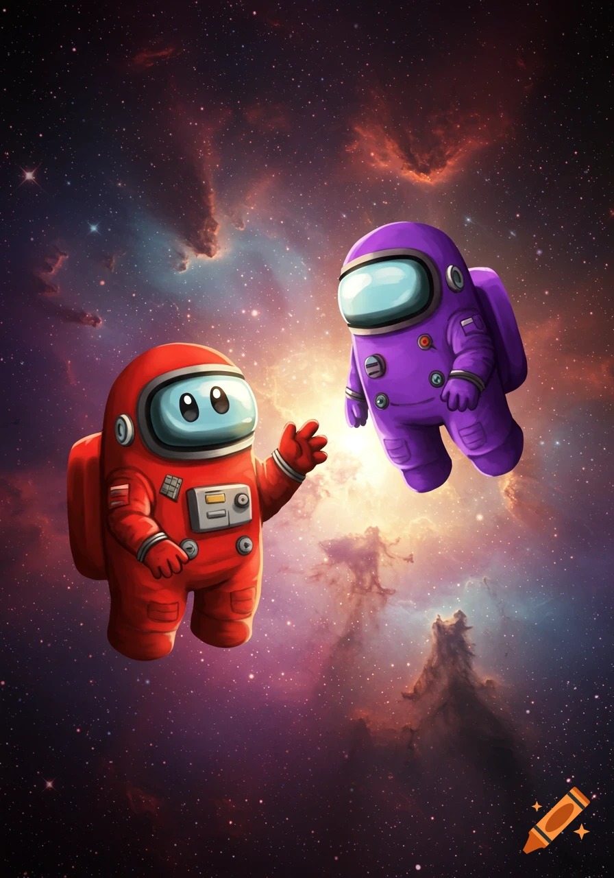 Cartoon red and purple astronauts floating in a vibrant space background with stars and nebulas.