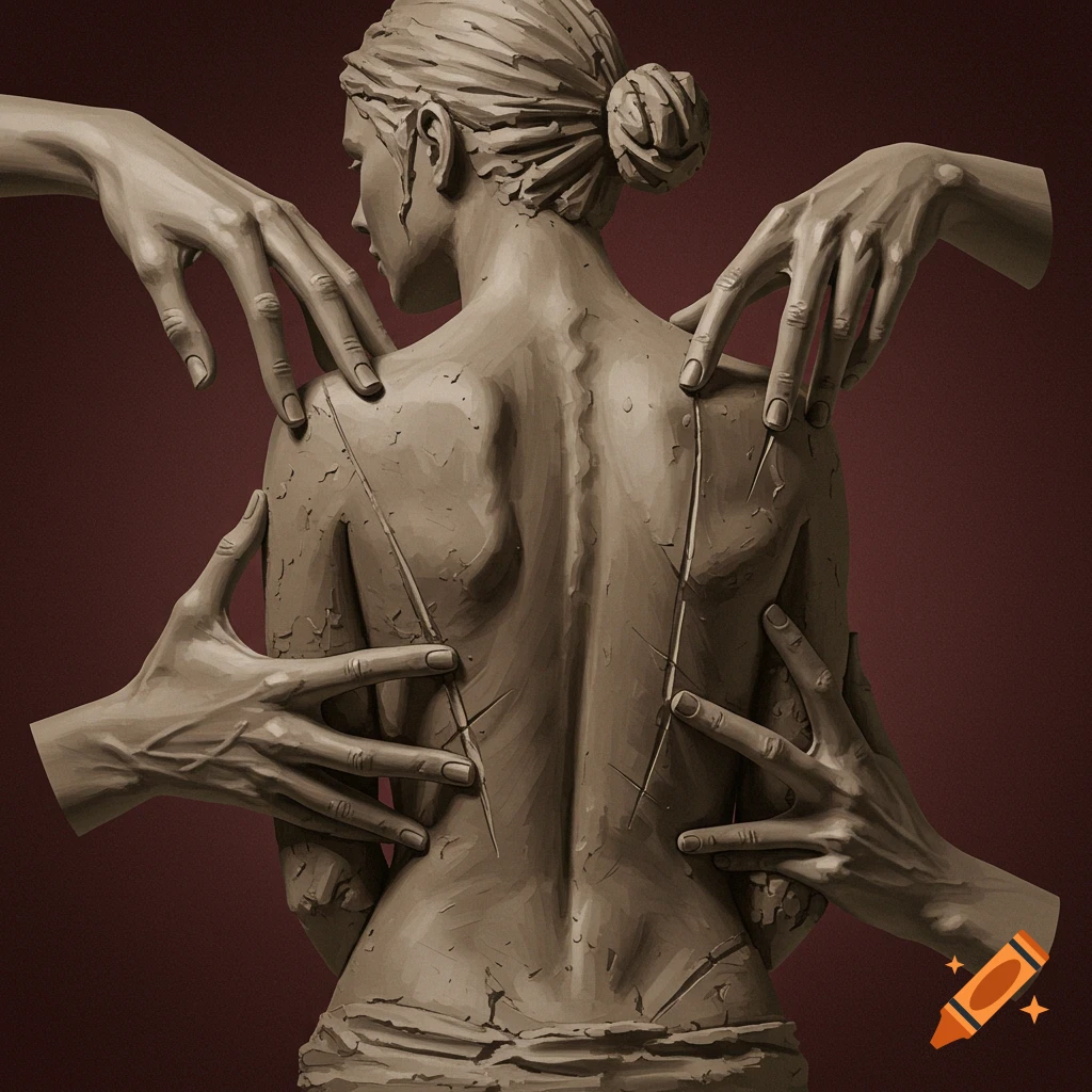 A clay sculpture of a woman's back with hands digging into it, leaving scratch marks.