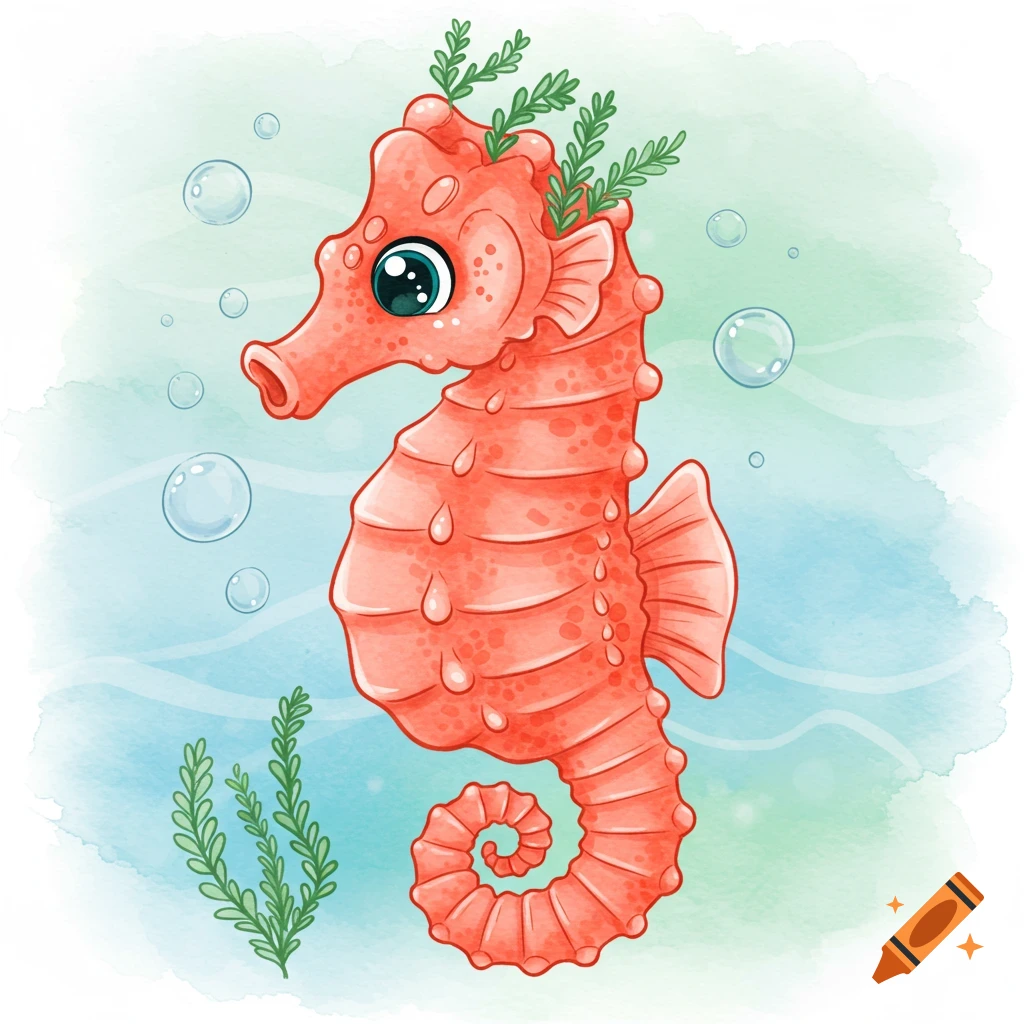 A cute orange watercolor seahorse illustration floats underwater with bubbles and green seaweed.