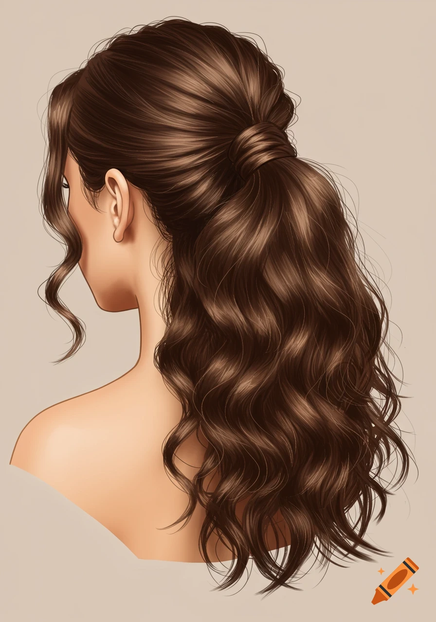 Back view of a woman with long brown hair styled in a half-up ponytail with wavy ends.