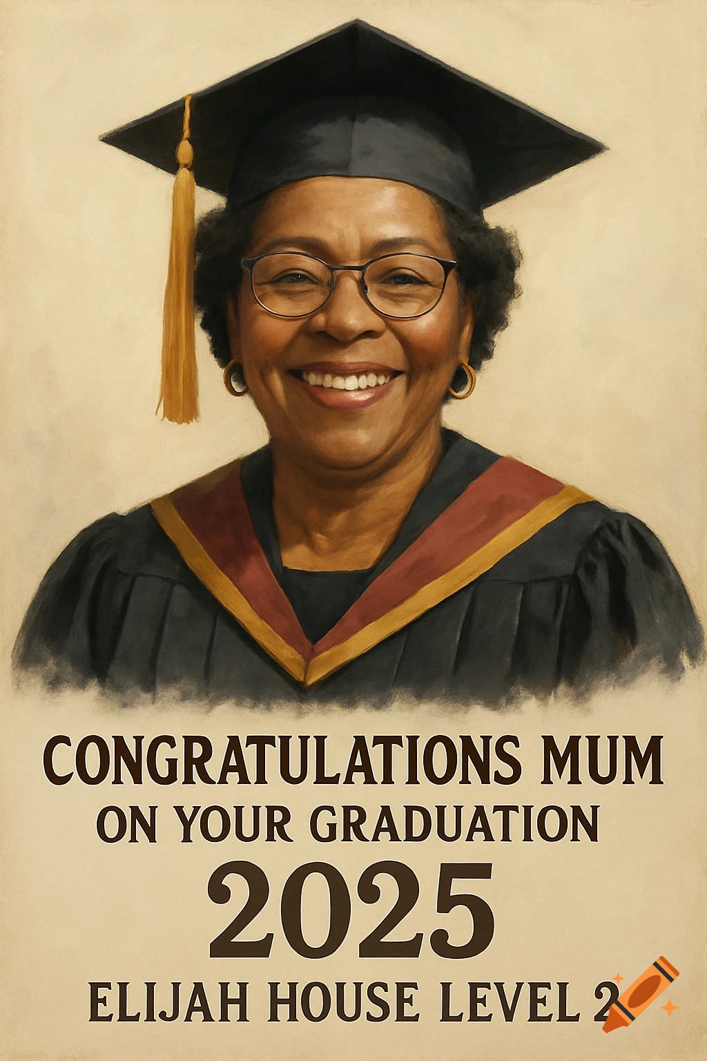 Smiling older Black woman in graduation cap and gown with congratulatory text below.