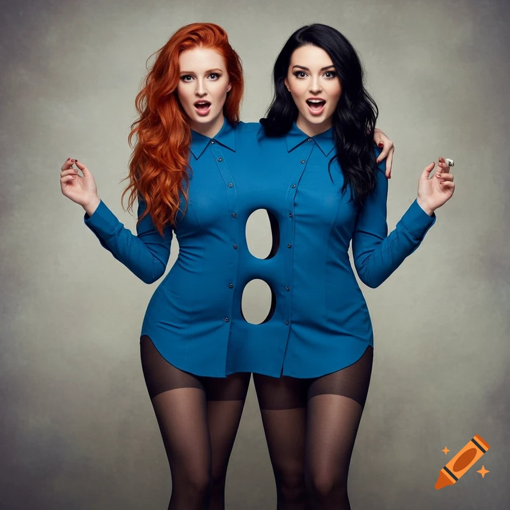 Two women in a conjoined blue shirt illusion over tights