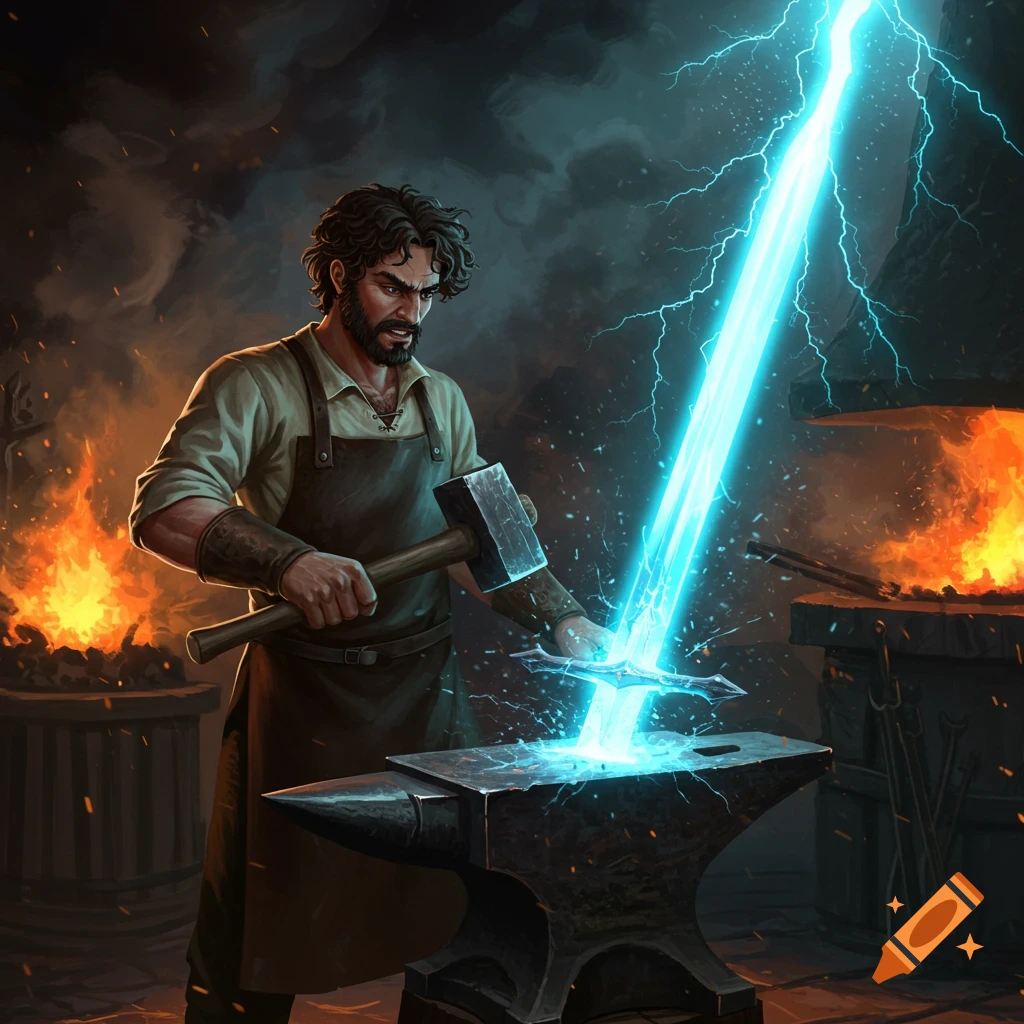 Blacksmith hammering a sword struck by lightning on an anvil in a dark forge.