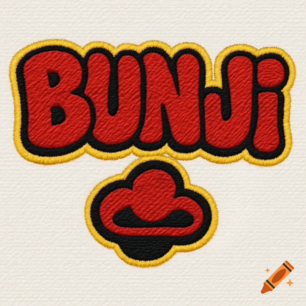 The word BUNJI and a logo rendered as a red, black, and yellow embroidery patch.