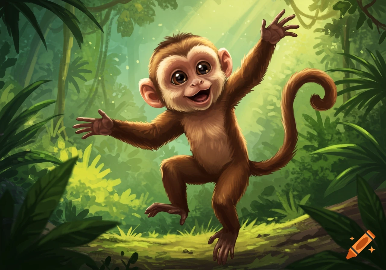 A happy cartoon monkey dances in a jungle.