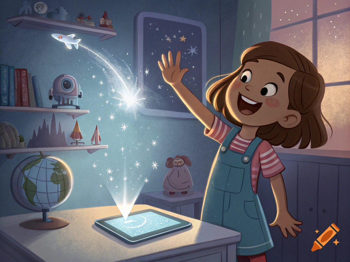 Happy girl in a room with space-themed objects and a glowing tablet, reaching out to sparkling light. Illustration.