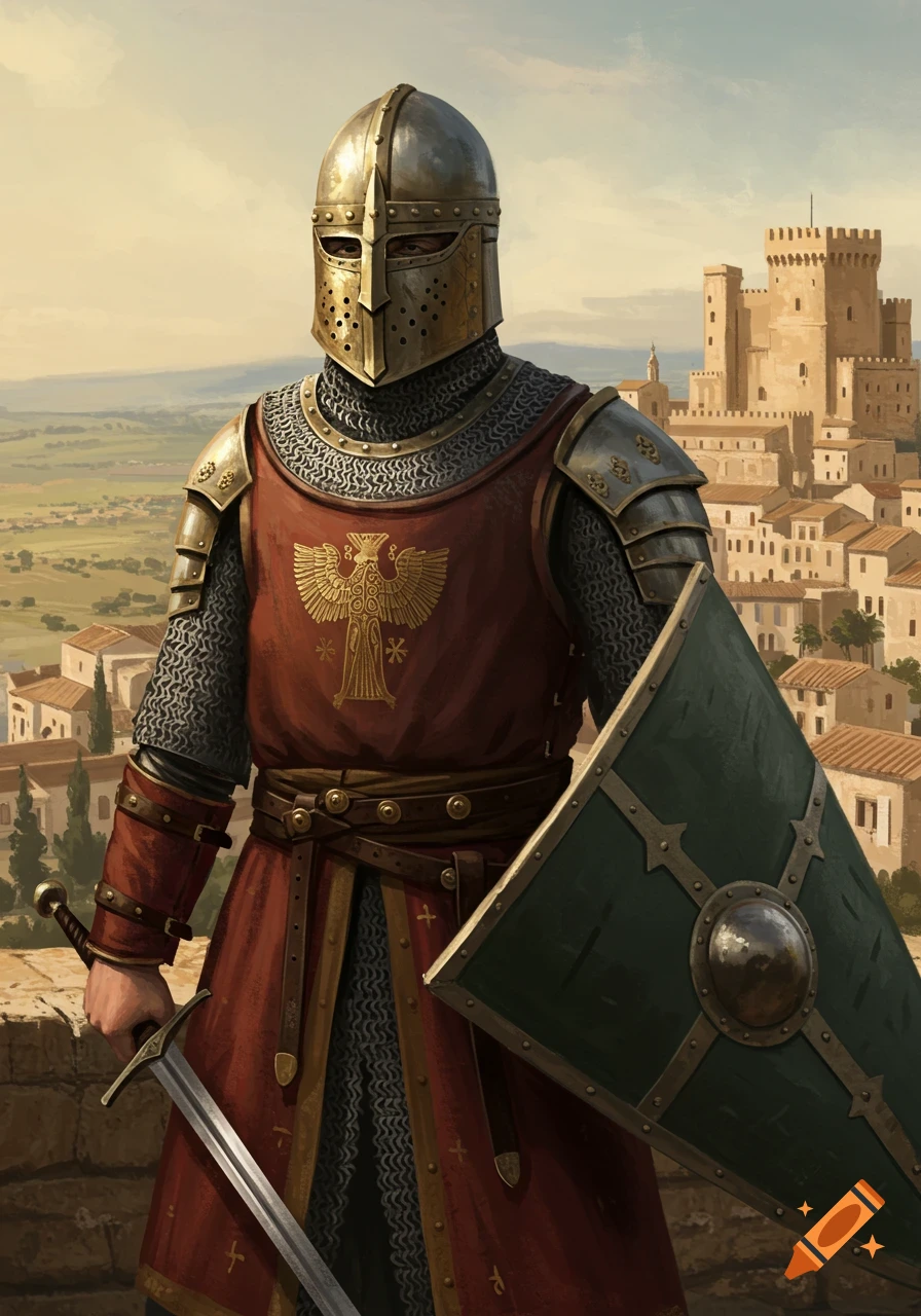 A fully armored knight stands, holding a sword and shield, overlooking a town and castle.