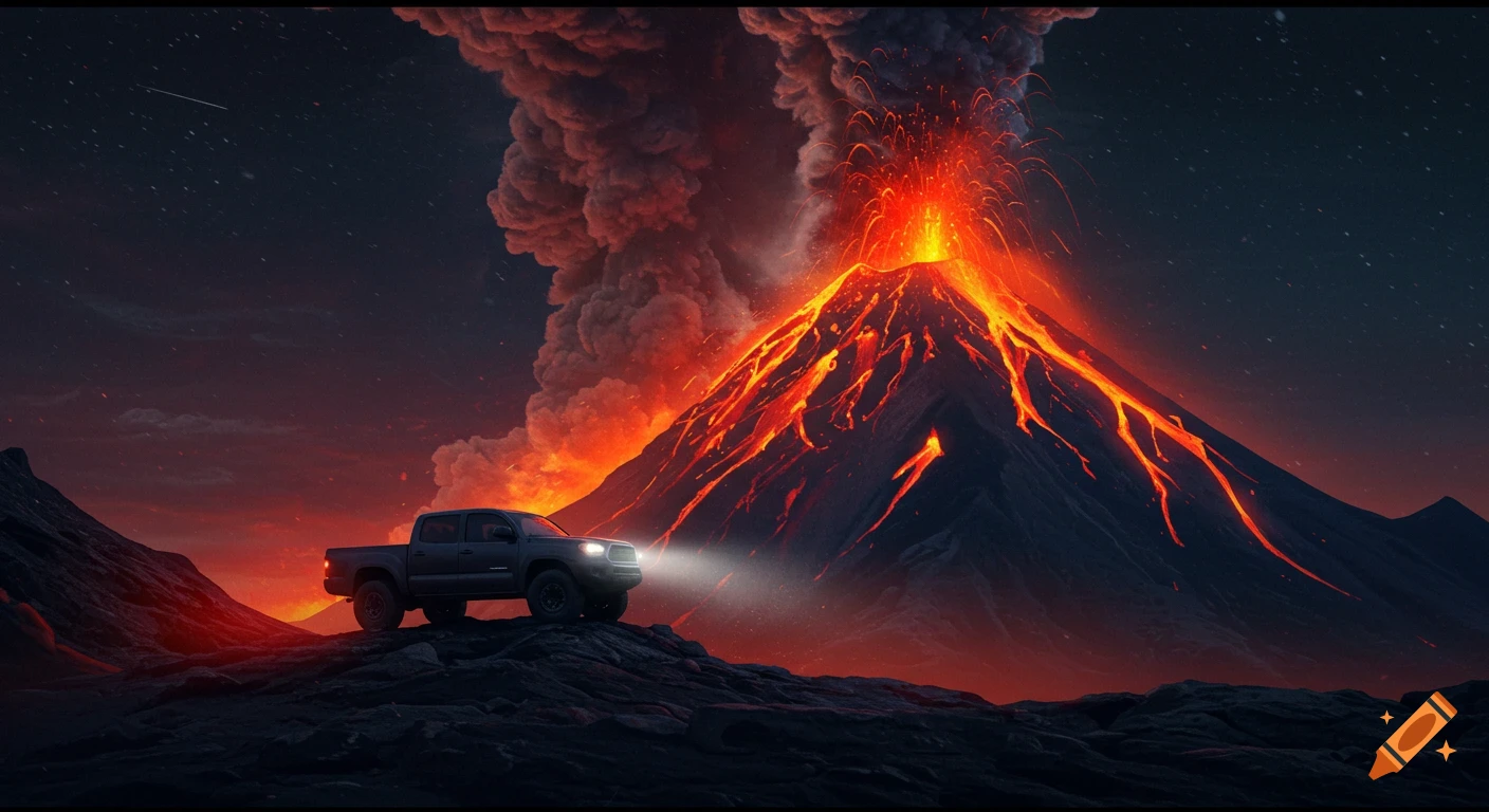 A dark gray pickup truck sits on a rocky hill overlooking a large, erupting volcano spewing lava and smoke under a star-filled night sky.