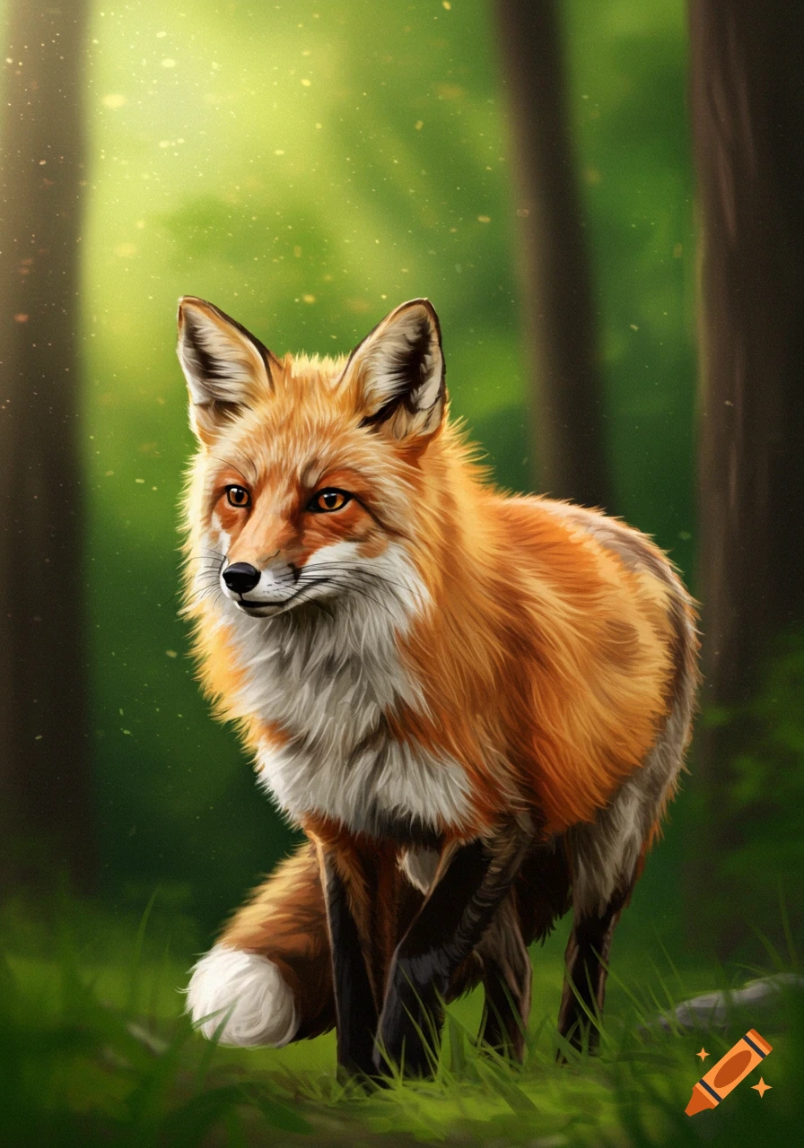 Illustration of a red fox standing in a sunlit forest clearing. on Craiyon