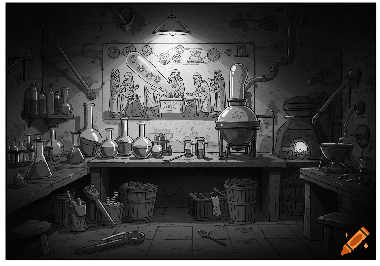 A black and white illustration of a busy alchemist's laboratory with flasks, equipment, and a diagram of figures on the wall.