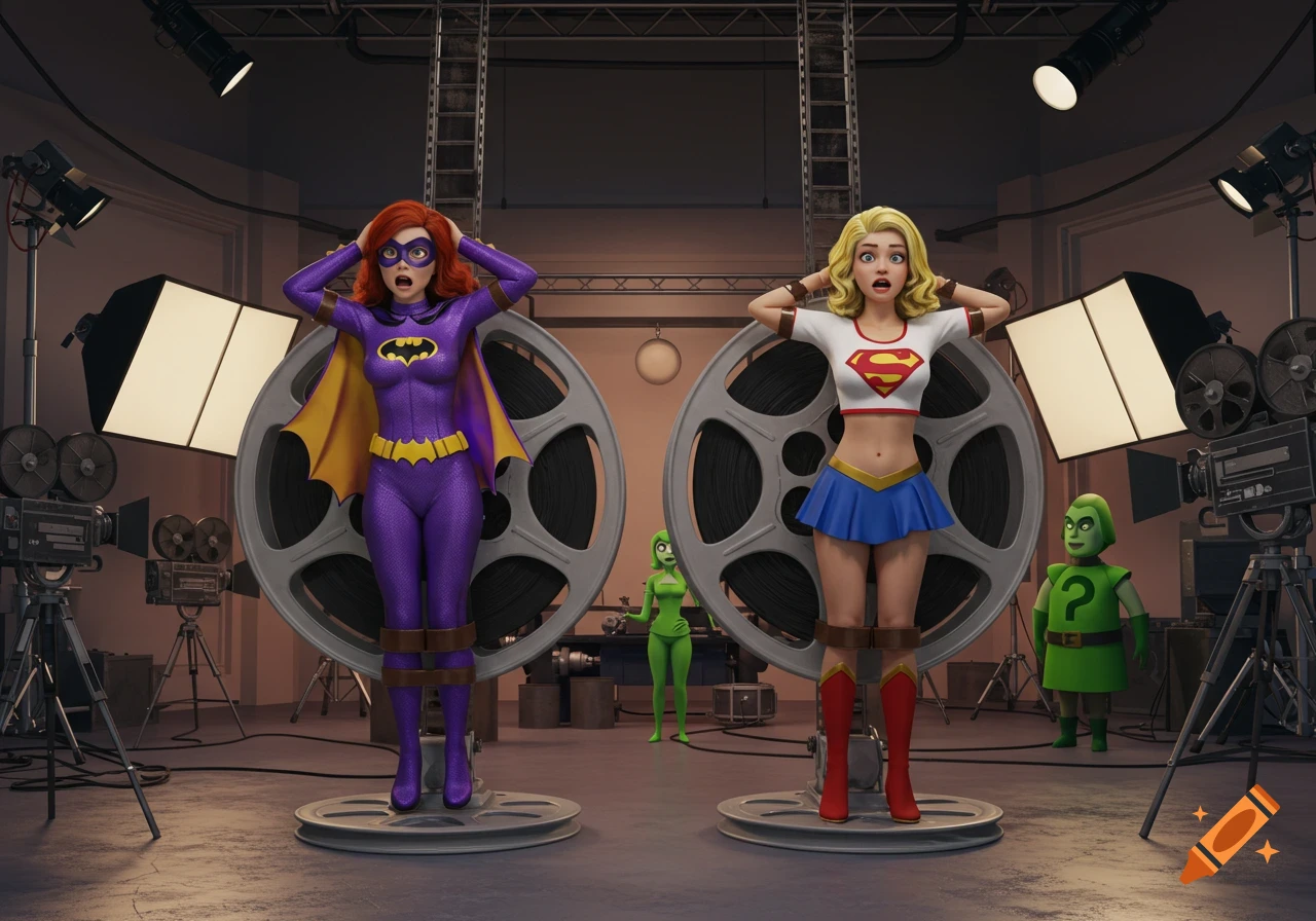 Cartoon Batgirl and Supergirl tied to film reels on a movie set with a villain.