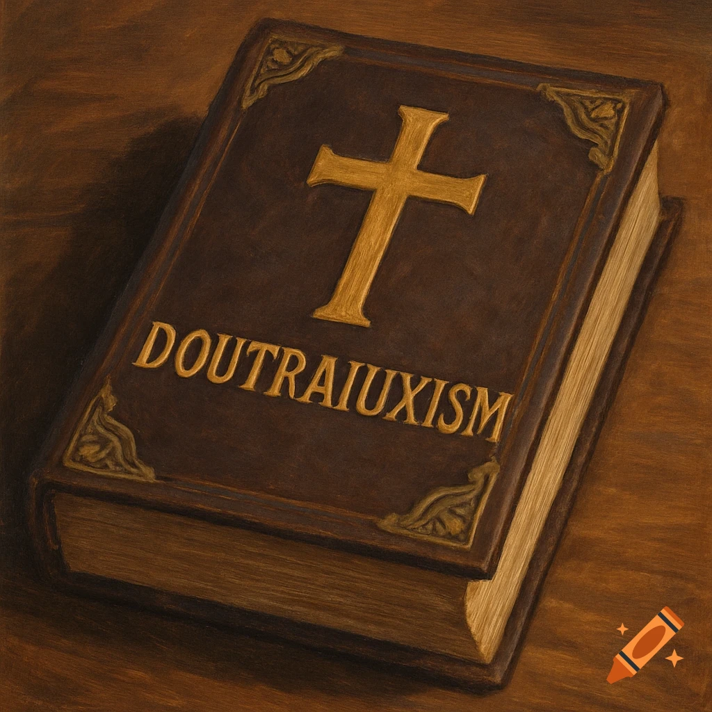 A dark brown religious book with a gold cross and 'DOUTRAIUXISM' text on a wooden surface.