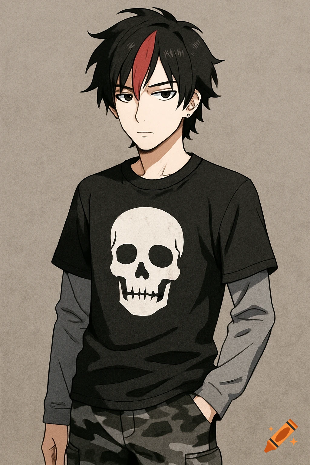 Anime portrait of a young man with black hair and a red streak, wearing a skull t-shirt and camo pants.