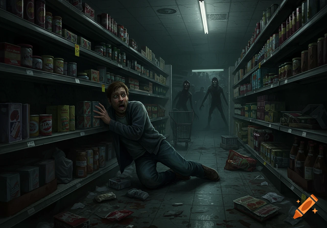 Scared man hides behind shelves from zombies in a dark abandoned supermarket