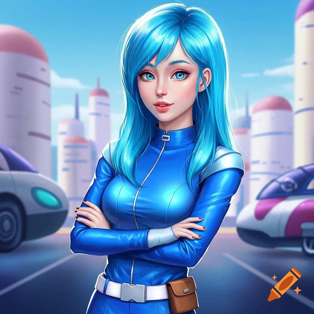 Portrait of a blue-haired woman in a blue futuristic suit in a city with futuristic cars