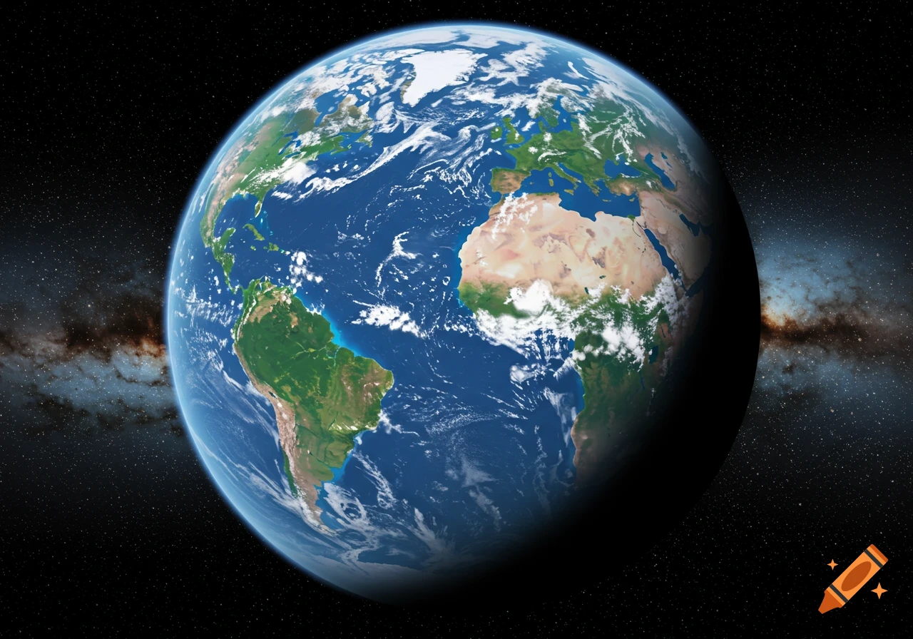 View of Earth from space showing continents, oceans, clouds, and stars in the background.