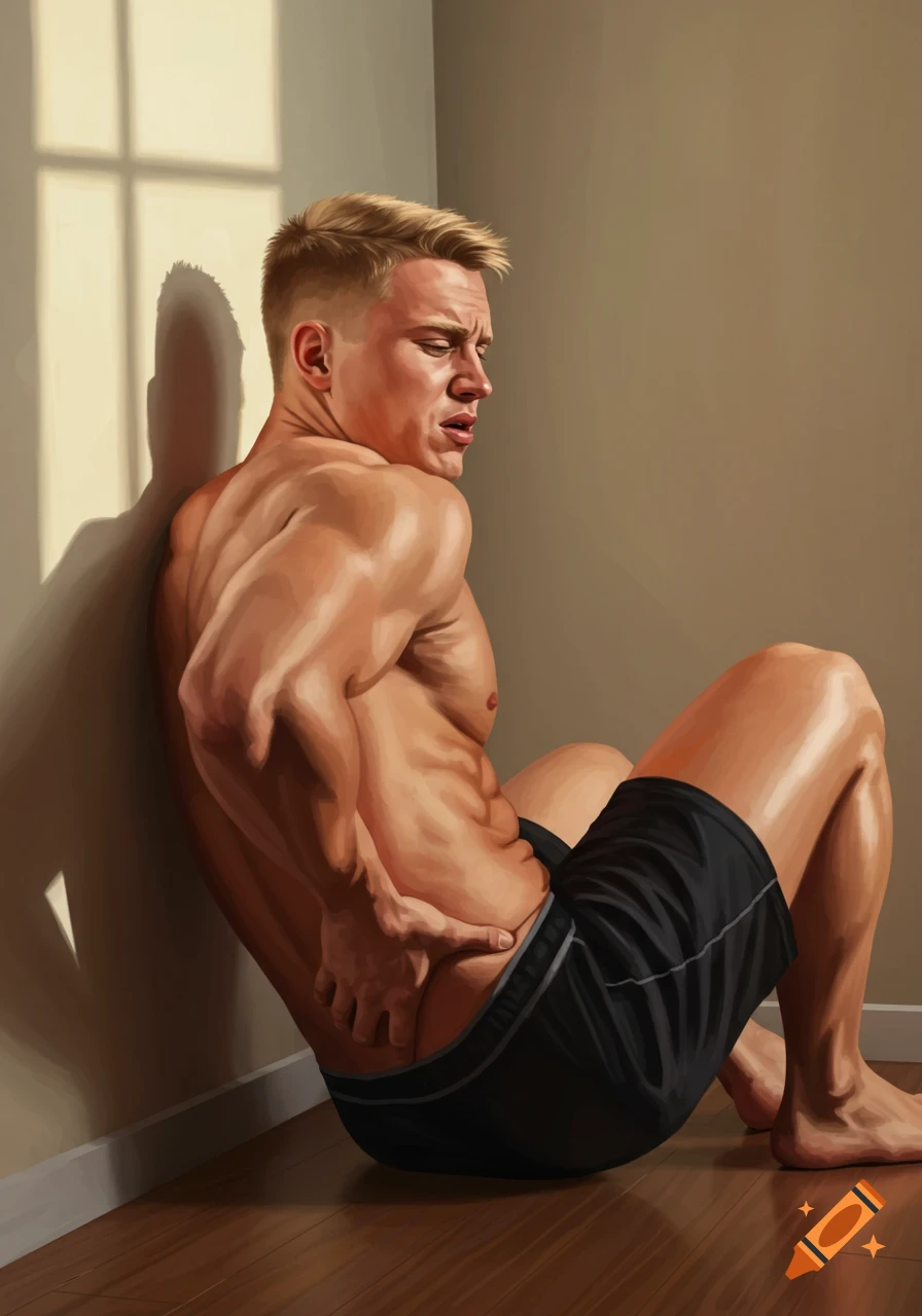 Muscular man with blonde crew cut sitting in a sunbeam, holding his lower back, digital painting style.