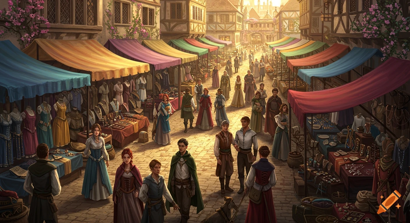 A busy fantasy market square filled with people, stalls, and buildings under a golden light.