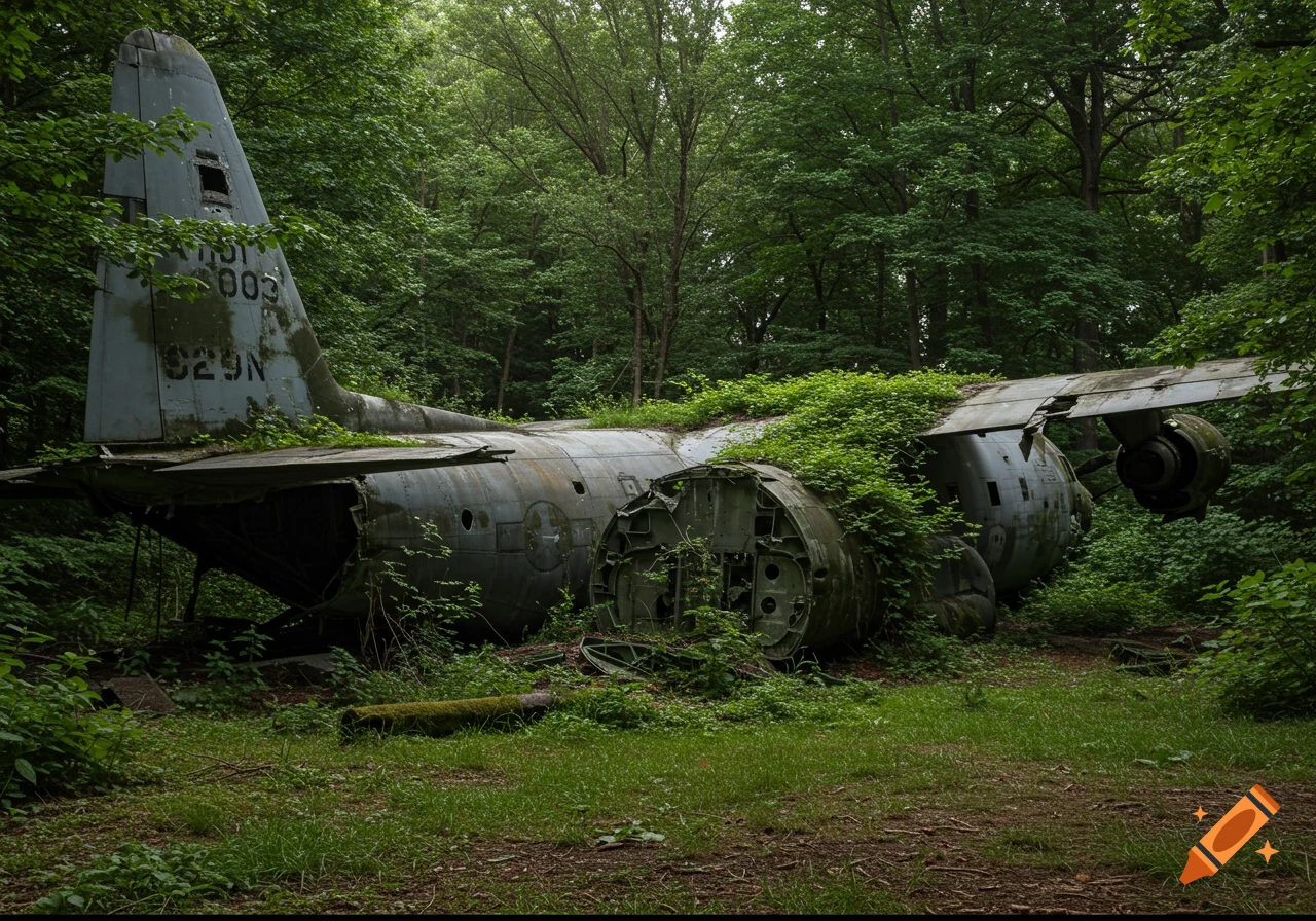 An old, destroyed C130 airplane overgrown with vines and moss sits in a forest.