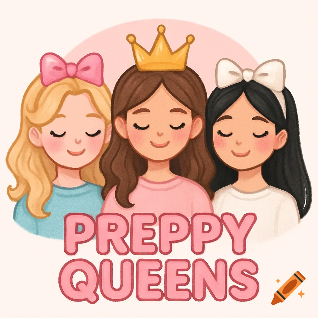 Cute cartoon illustration of three girls with bows and a crown, with the text PREPPY QUEENS.