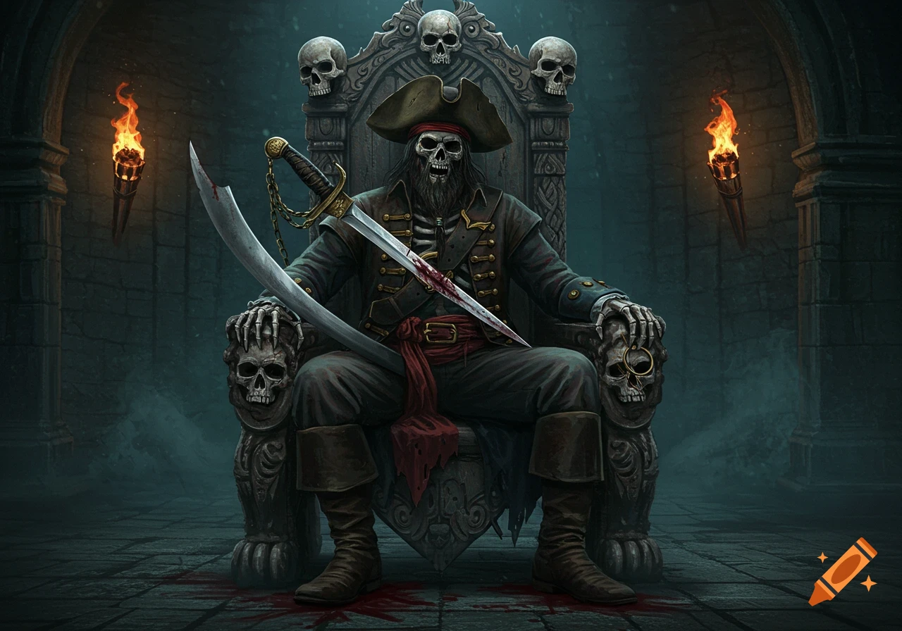 A skeletal pirate captain sits on a skull-adorned throne with a bloodied cutlass.
