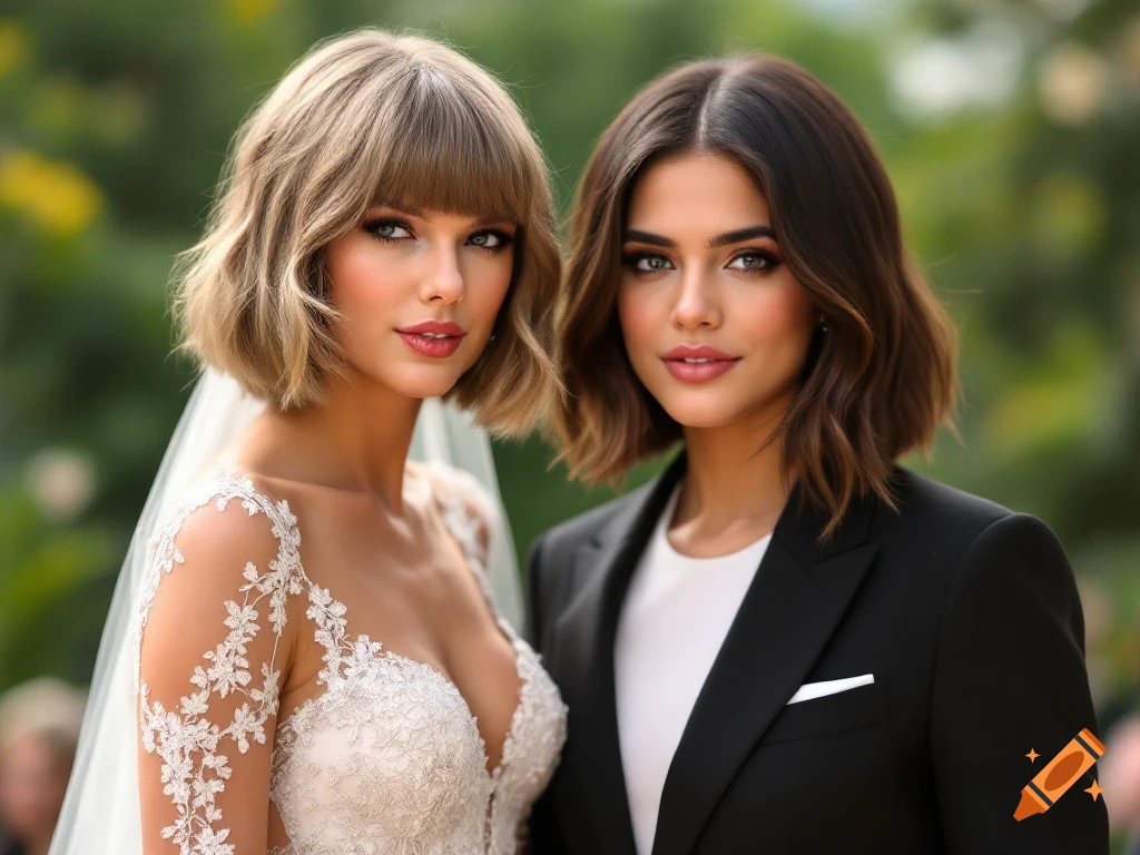 Photorealistic portrait of two women resembling Taylor Swift in a wedding dress and Selena Gomez in a suit.