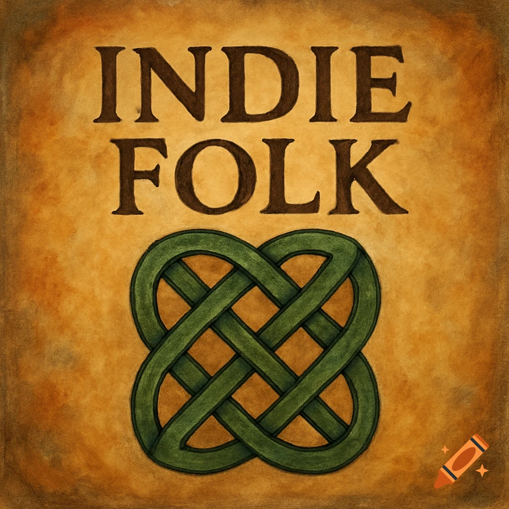 INDIE FOLK text above a green celtic knot on a textured brown background.