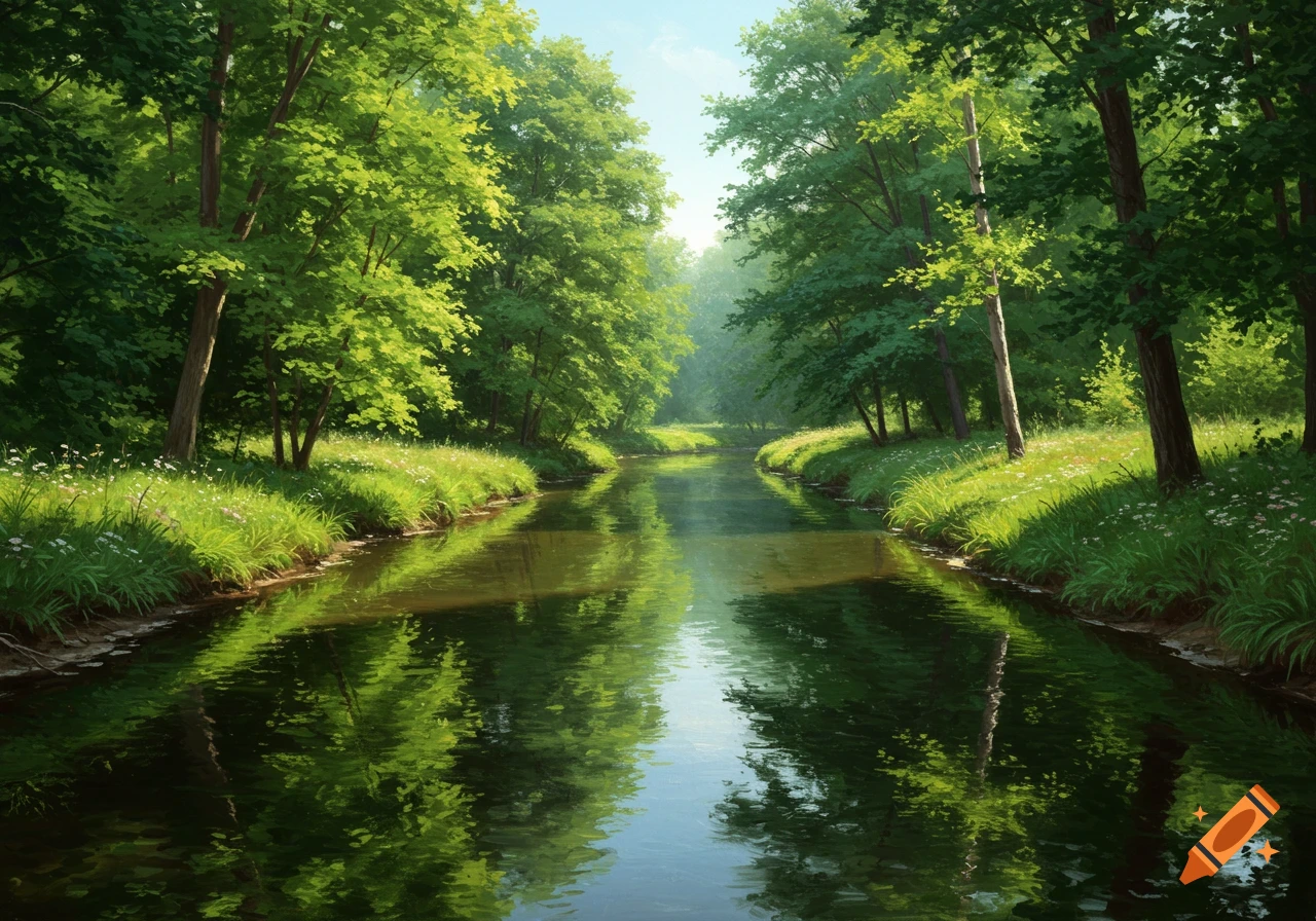 A painting of a river flowing through a lush green forest with sunlight ...