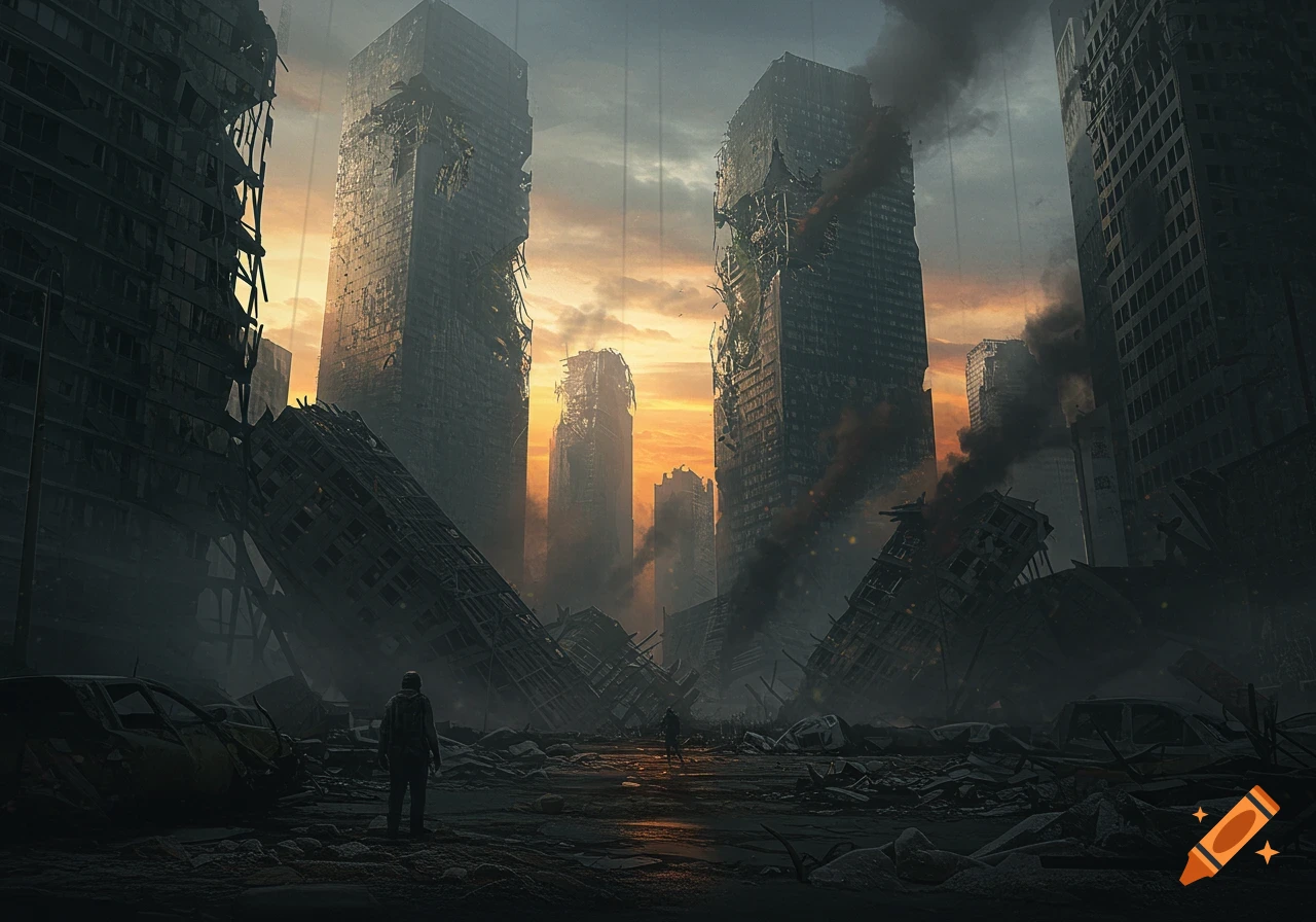 Post-apocalyptic city landscape with ruined skyscrapers and rubble at sunset, with two figures.