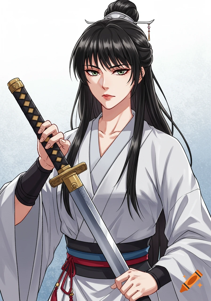 Manhwa style portrait of a woman with long black hair in a white robe holding a sword.