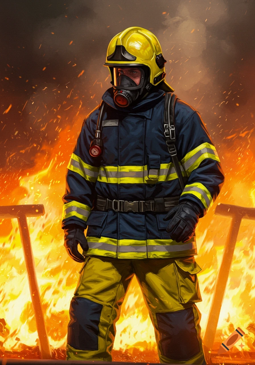 A digital illustration of a firefighter in full gear standing in front of a raging fire.