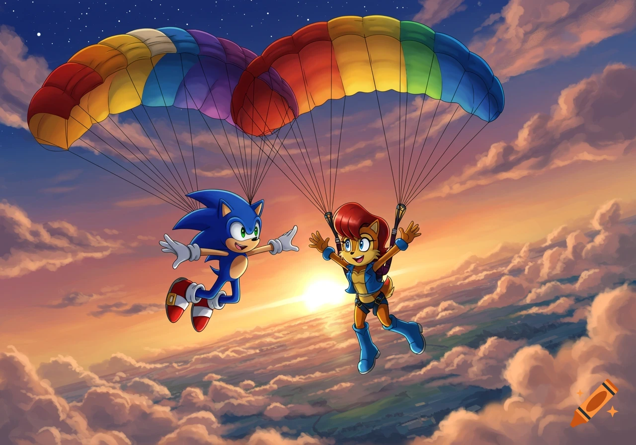 Sonic and Sally Acorn skydiving under rainbow parachutes at sunset.