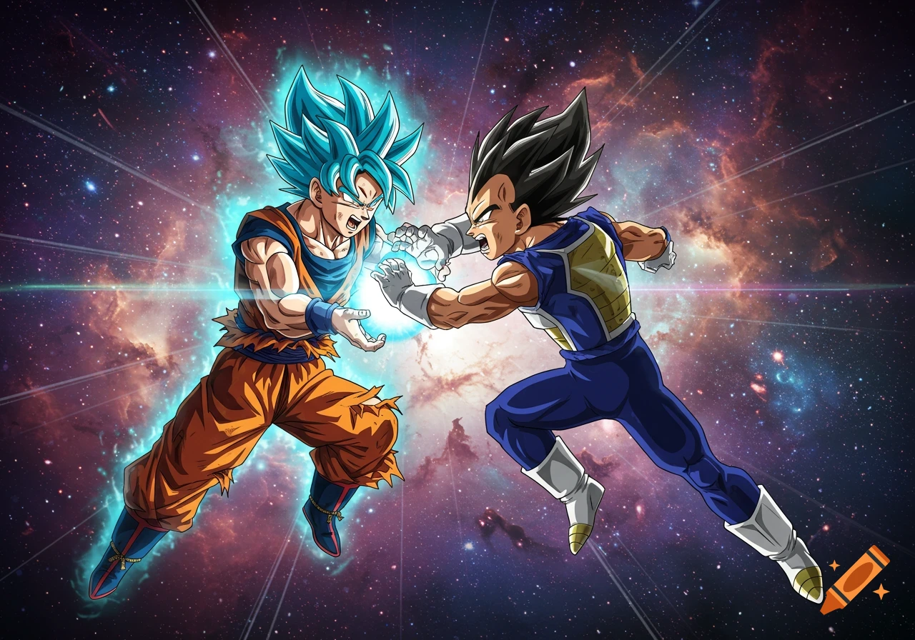 Goku and Vegeta fighting in space in anime style.