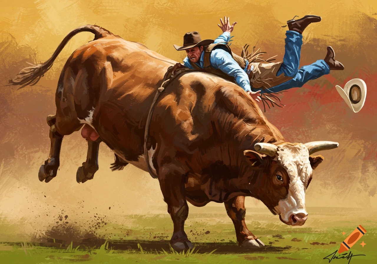 Illustration of a cowboy being thrown off a bucking bull.