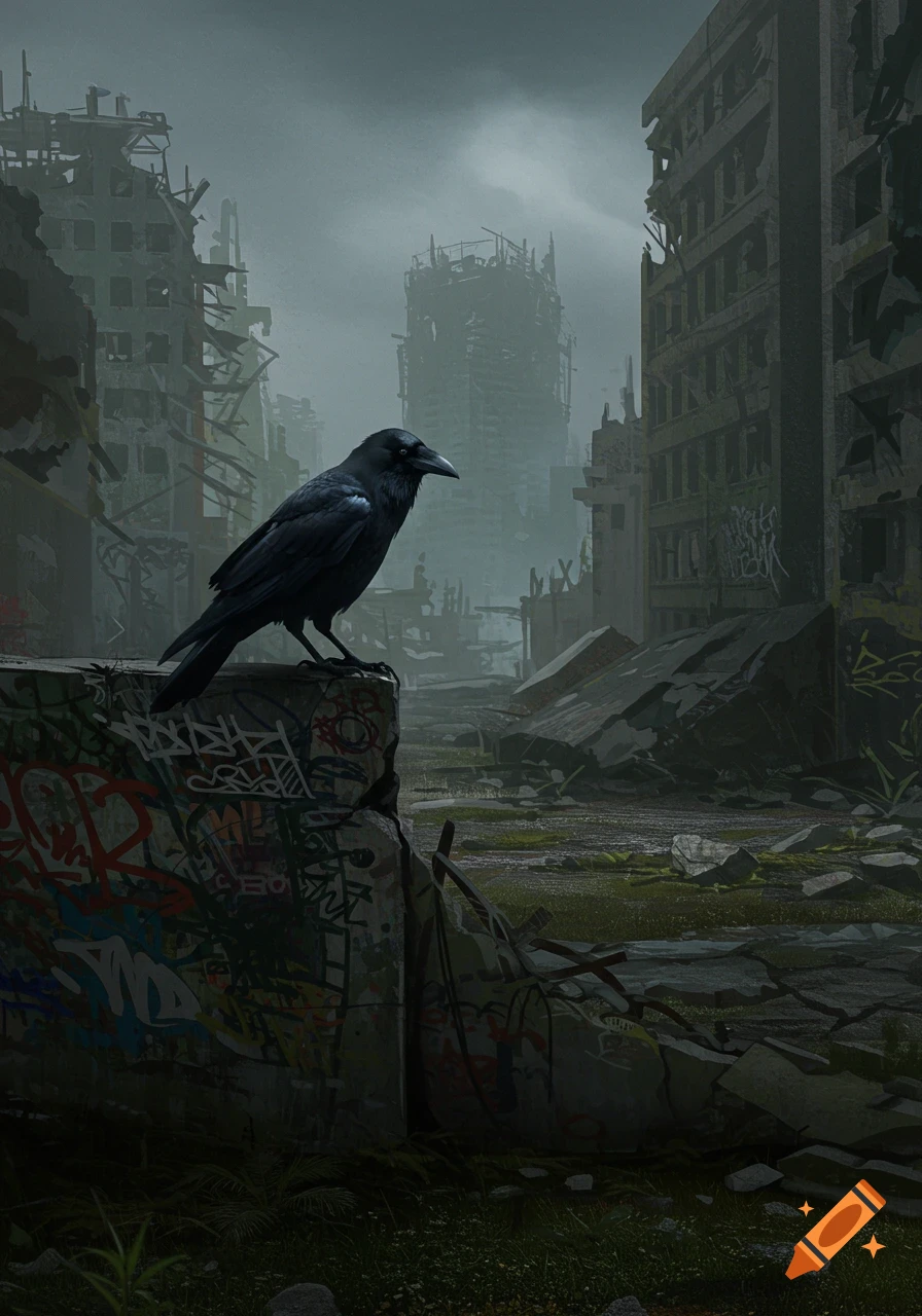 A black crow perches on a graffiti-covered concrete block in a dark, ruined city with crumbling buildings.