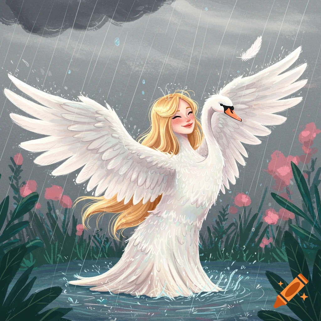 Whimsical illustration of a girl with swan wings and body standing in water in the rain