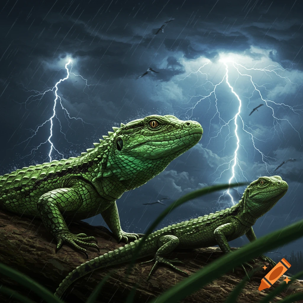 Two green lizards on a log during a lightning storm