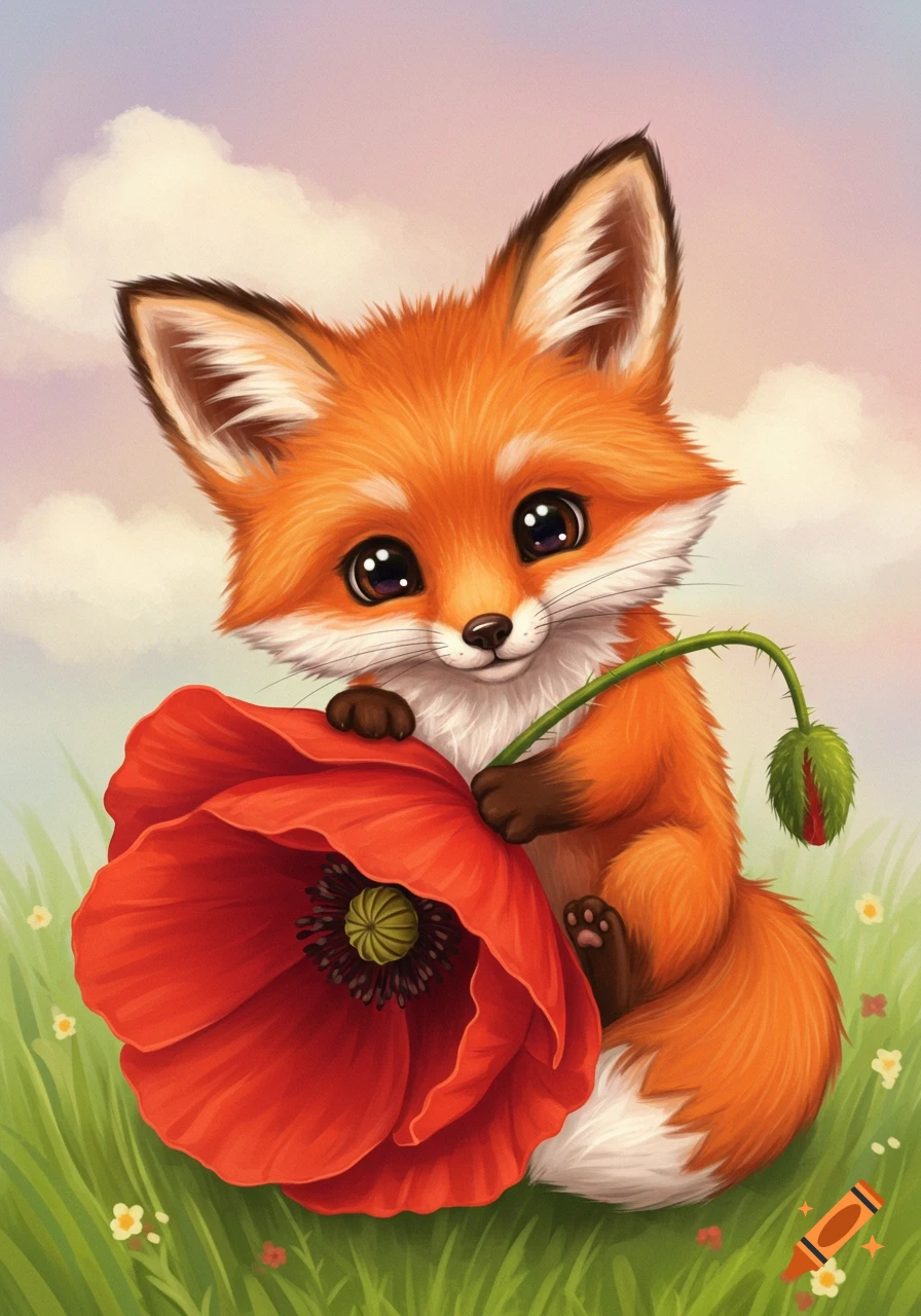 Cute illustrated fox sitting in a grassy field holding a large red poppy flower.